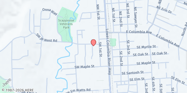 Map showing Scappoose Foursquare Church Food Pantry at 33404 SW JP West Road, Scappoose, OR