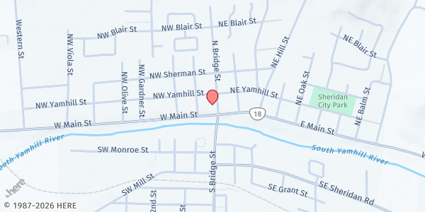 Map showing Grand Sheramina Food Bank at 120 North Bridge Street, Sheridan, OR