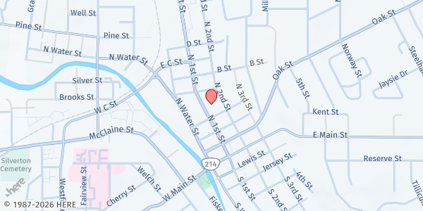 Map showing First Christian Church at 402 North 1st Street, Silverton, OR