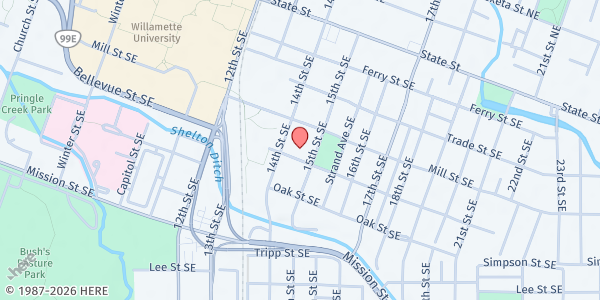 Map showing New Life Community Church Pantry at 410 14th Street Southeast, Southeast Salem, OR