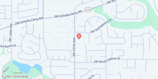 Map showing Trinity Community Church at 10900 SW 121st Ave, Tigard, OR