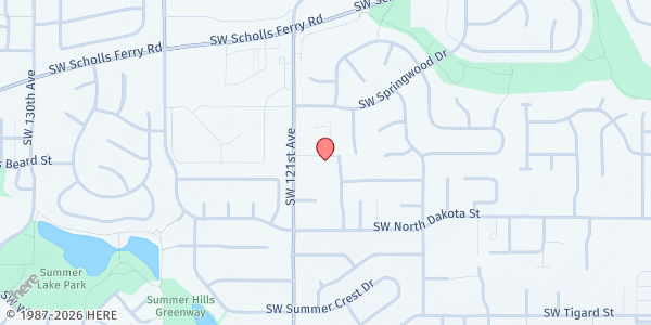 Map showing Trinity Community Church at 10900 SW 121st Ave, Tigard, OR