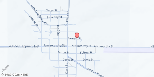 Map showing Sherman County Food Bank at 903 Barnett Street, Wasco, OR