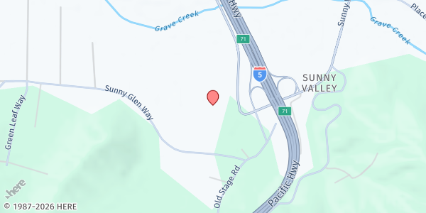 Map showing Sunny Valley Outreach Ministries at 180 Lariat Dr, Wolf Creek, OR