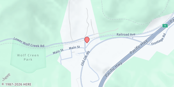 Map showing Wolf Creek Pantry at 100 Railroad Avenue, Wolf Creek, OR