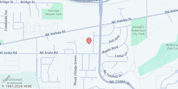 Map showing Wood Village Baptist Free Food Market at 23601 NE Arata Rd, Wood Village, OR