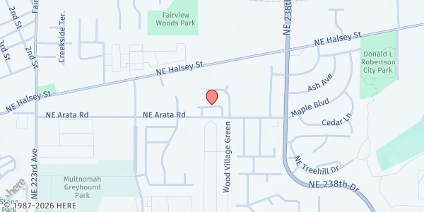 Map showing Wood Village Baptist Free Food Market at 23601 Ne Arata Rd, Wood Village, OR