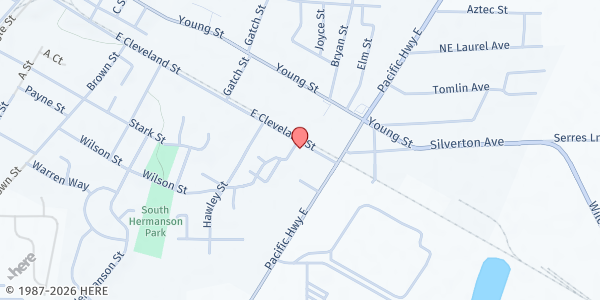 Map showing House of Zion Emergency Shelter at 1430 East Cleveland Street, Woodburn, OR