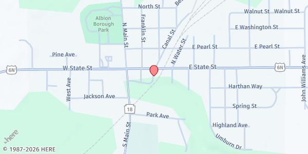 Map showing Northwestern Food Pantry at 1 Robb & Powell Ave, Albion, PA