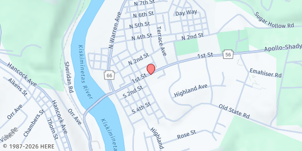 Map showing Apollo United Presbyterian Church at 401 1st St, Apollo, PA