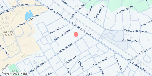 Map showing Ardmore Food Pantry at St. Mary's Church at 36 Ardmore Avenue, Ardmore, PA