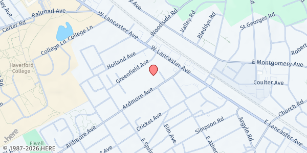 Map showing St Mary's Ardmore Food Pantry at 36 Ardmore Avenue, Ardmore, PA