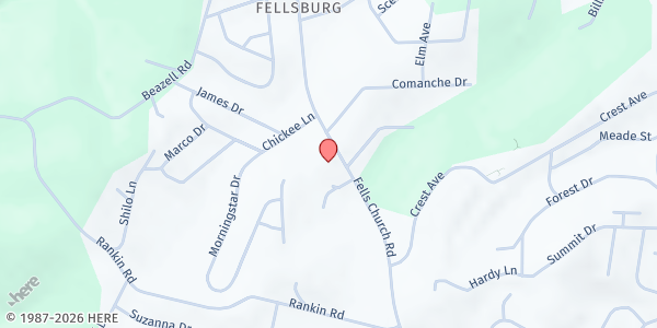 Map showing Rostraver Food Pantry at Fells United Methodist Church at 1268 Fells Church Rd., Belle Vernon, PA