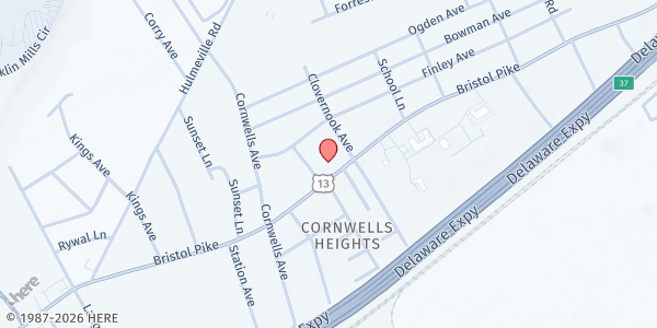 Map showing Cornwells UMC Harvest Ministry at 2284 Bristol Pike, Bensalem, PA