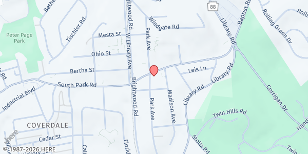 Map showing South Hills Interfaith Movement at 5301 Park Ave, Bethel Park, PA