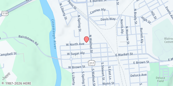 Map showing Blairsville Presbyterian Church at 137 N. Walnut St., Blairsville, PA