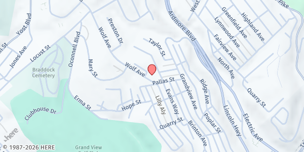 Map showing Bridge City Church - North Braddock at 1200 Wolfe Ave., Braddock, PA
