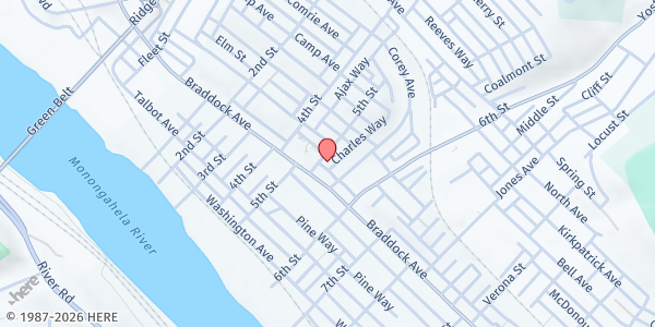 Map showing Unity Baptist Church at 420 5th St., Braddock, PA