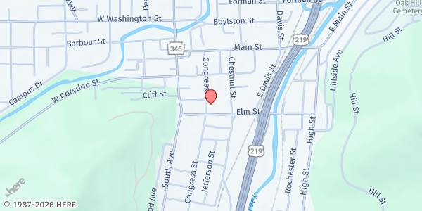 Map showing First Baptist Church at 71 Congress St, Bradford, PA