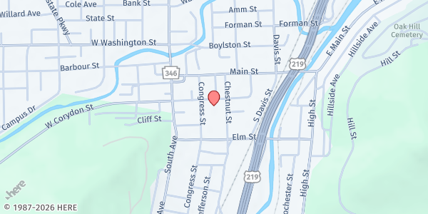 Map showing First Presbyterian Church at 54 E Corydon St, Bradford, PA