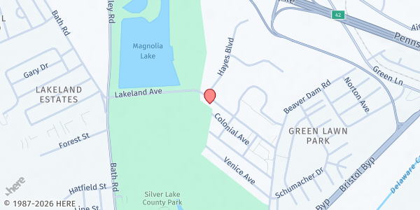 Map showing Bible Evangelical Methodist Church at 1601 Lakeland Avenue, Bristol, PA