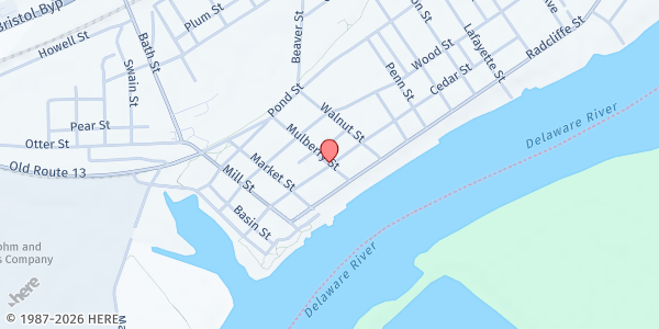 Map showing First UMC of Bristol at 201 Mulberry St., Bristol, PA