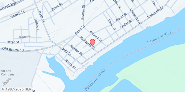 Map showing The Food Pantry at First United Methodist Church of Bristol at 201 Mulberry Street, Bristol, PA