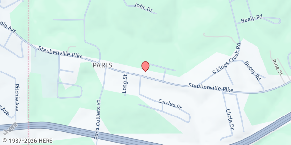 Map showing Greater Washington Co. Food Bank Distribution Center at 127 Steubenville Pike, Burgettstown, PA