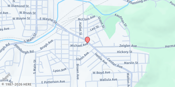 Map showing New Beginnings Free Methodist Church at 416 Center Ave., Butler, PA