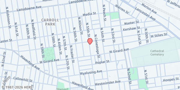 Map showing Alleyne Memorial AME Zion Church at 1249 North 55th Street, Carroll Park, PA