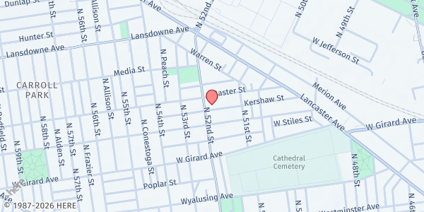 Map showing Bible Way Baptist Church at 1323 North 52nd Street, Carroll Park, PA