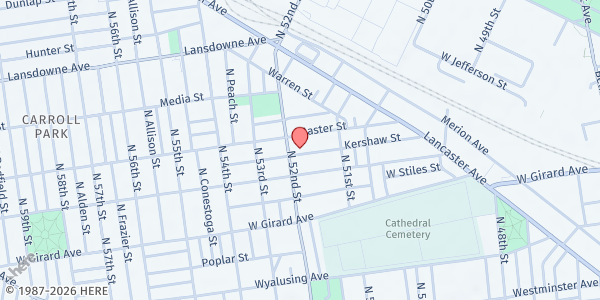 Map showing Bible Way Baptist Outreach Kitchen at 1323 North 52nd Street, Carroll Park, PA
