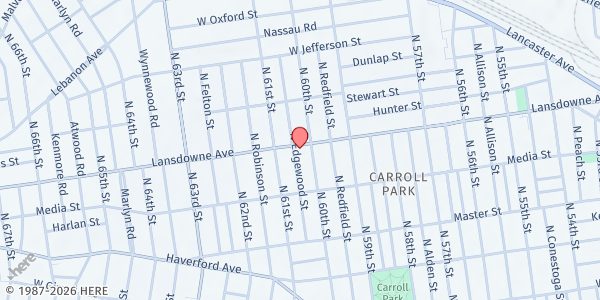 Map showing BOOST CDC - Carroll Park Location at 6010 Lansdowne Avenue, Carroll Park, PA