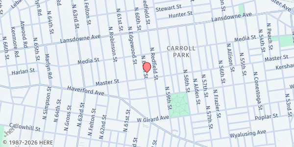 Map showing Calvin Presbyterian Church at 1401 North 60th Street, Carroll Park, PA
