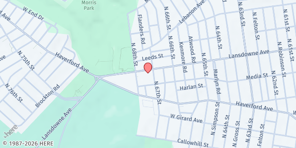 Map showing First African Baptist Church at 6700 Lansdowne Avenue, Carroll Park, PA