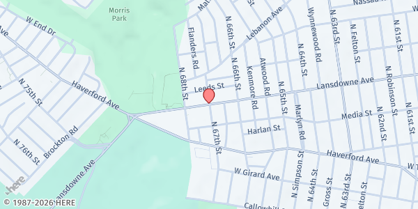 Map showing Overbrook Park Civic Association (At the FAB Church) at 6700 Lansdowne Avenue, Carroll Park, PA