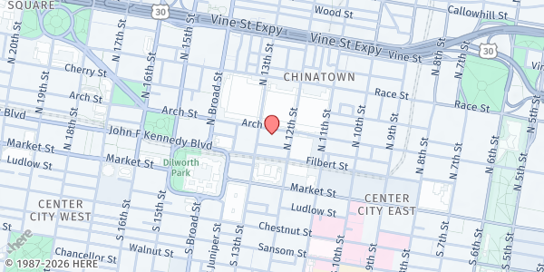 Map showing Nationalities Service Center - Center City East at 1216 Arch Street, Center City East, PA