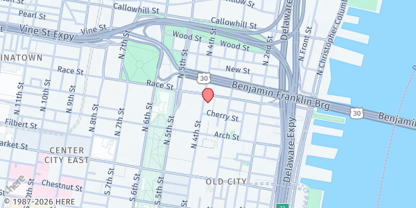 Map showing Old First Church at 322 Race Street, Center City East, PA