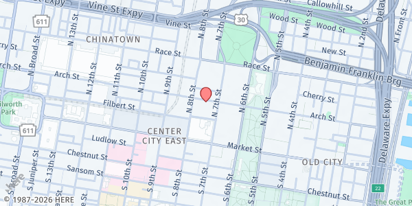 Map showing Philadelphia Legal Assistance - Center City East at 718 Arch Street, Center City East, PA