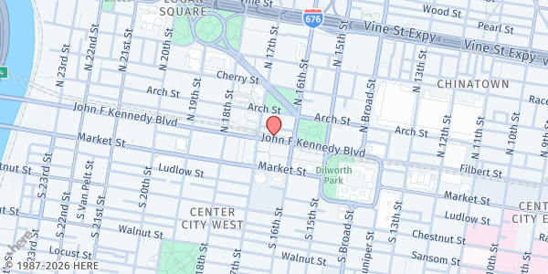 Map showing BenePhilly Center at Office of Community Empowerment and Opportunity at 1617 John F Kennedy Boulevard, Center City, PA