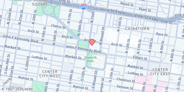 Map showing Hub of Hope - Center City at 1401 John F Kennedy Boulevard, Center City, PA