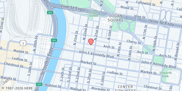 Map showing Mitzvah Food Program @ Mainline at 345 Montgomery Avenue, Center City, PA