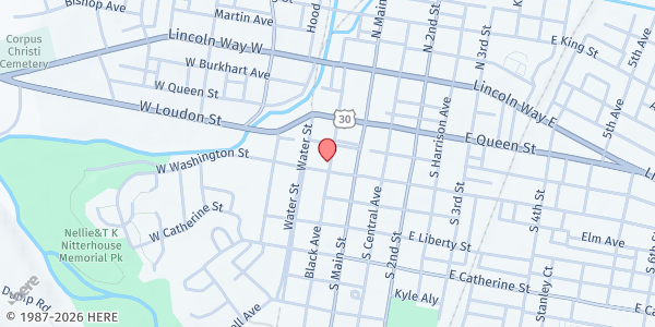 Map showing First Lutheran Church - The Brown Bag at 43 W. Washington St., Chambersburg, PA