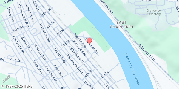 Map showing Pittsburgh Food Bank Distribution - Charleroi at 1 Chamber Plaza, Charleroi, PA
