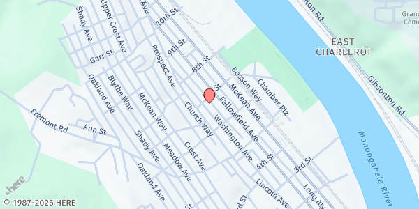 Map showing St. Andrew Parish - Mary, Mother of the Church Church at 624 Washington Ave., Charleroi, PA