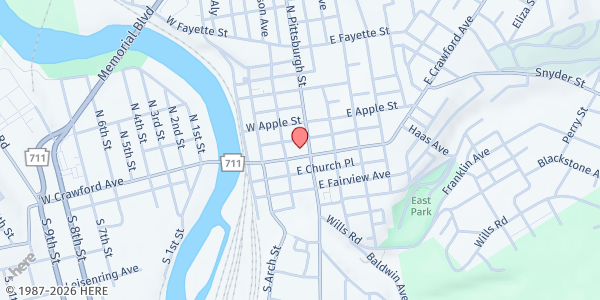 Map showing Connellsville Area Community Ministries at 110 W. Crawford Ave., Connellsville, PA