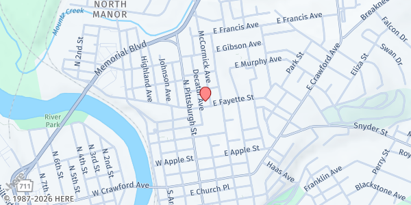 Map showing Connellsville Area Senior Citizens Center at 100 E. Fayette St., Connellsville, PA