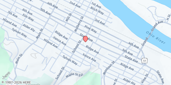 Map showing West Hills Meals on Wheels - Coraopolis UMC at 1205 Ridge Ave., Coraopolis, PA