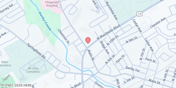 Map showing Blessed Virgin Mary Church at 1101 Main Street, Darby, PA