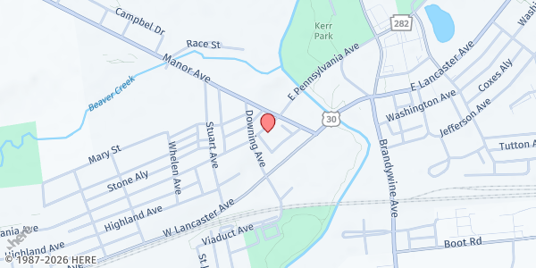 Map showing Brandywine Valley Active Aging – Downingtown at 40 W. Pennsylvania Ave, Downingtown, PA